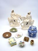 A pair of Staffordshire style flat backs together with a small quantity of china including Wedgwood.