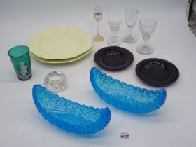 A small quantity of glass including; two Sowerby Queen's ivory ware 'Daisy' pattern glass plates,