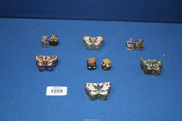Four Cloisonné butterfly trinket boxes and six Cloisonné owl thimbles.