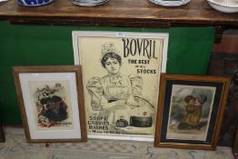 Three framed period advertisements including a rare 1890's Bovril showcard of a maid stirring a