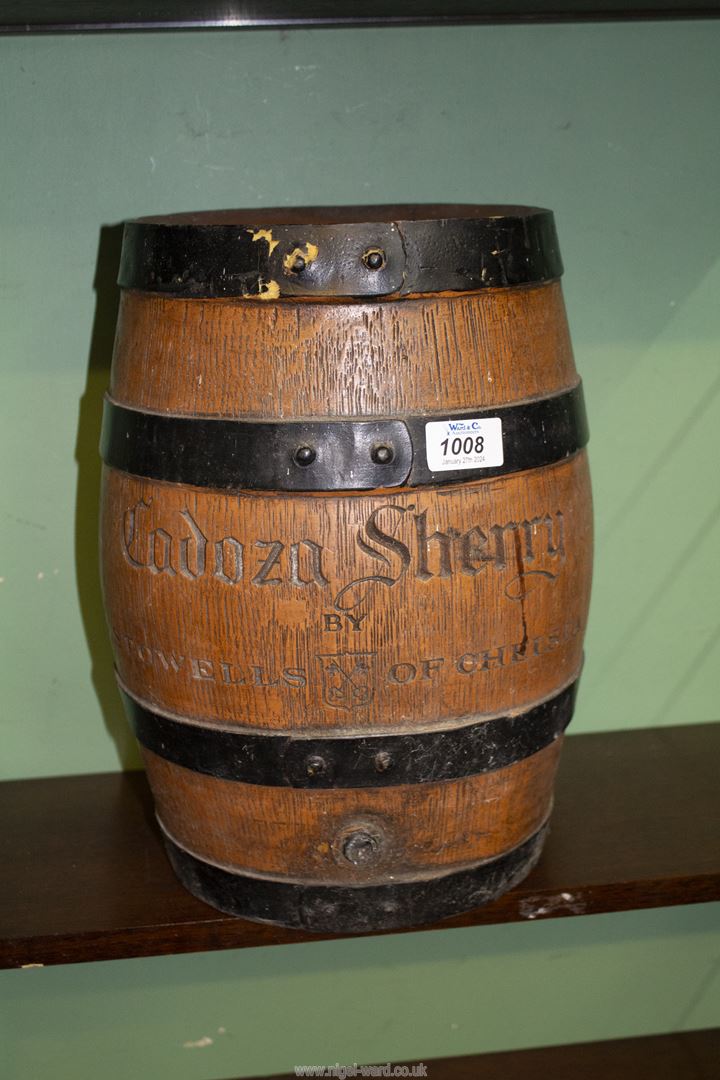 A Stowells of Chelsea Cadoza Sherry barrel, no tap or bung, 13 1/4'' high.