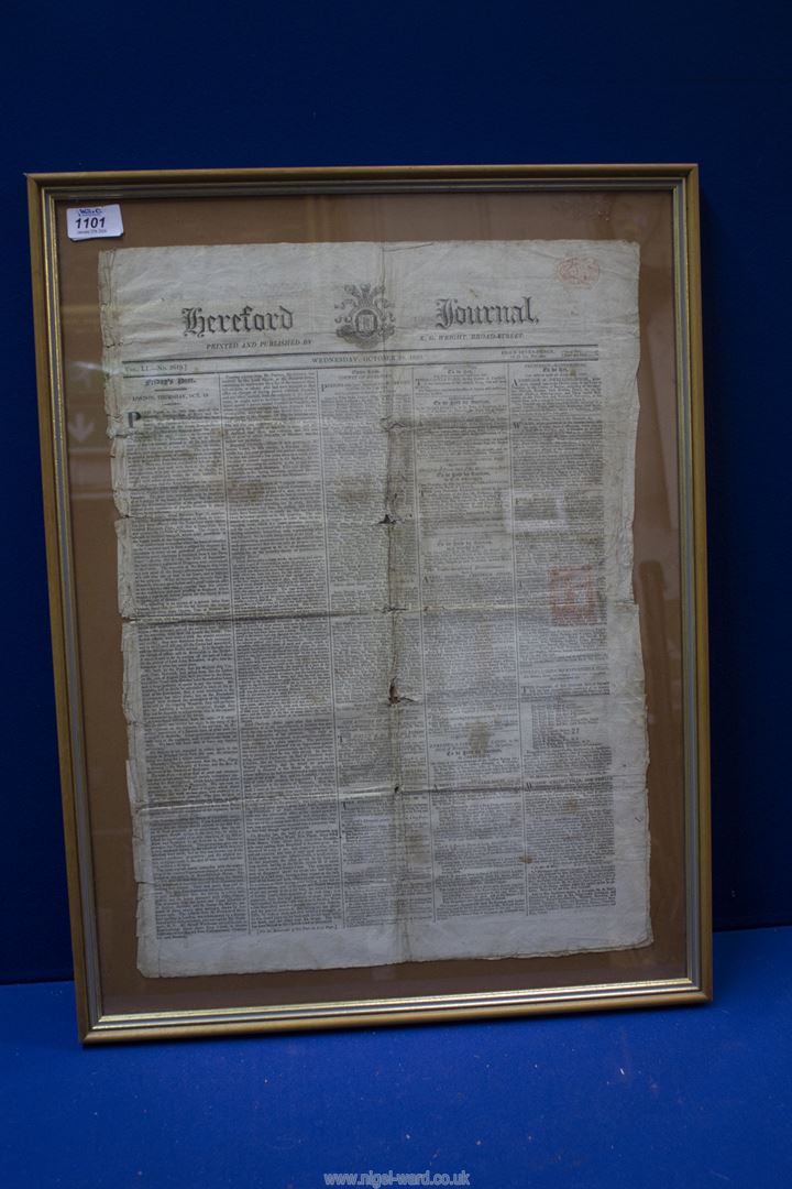 A framed and glazed copy of Hereford Journal front page dated 'October 25th 1820'.