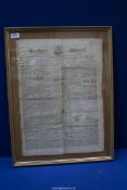 A framed and glazed copy of Hereford Journal front page dated 'October 25th 1820'.