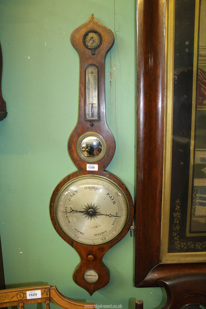 A Mahogany five point mercury barometer, convex mirror, thermometer, hygrometer(a/f),