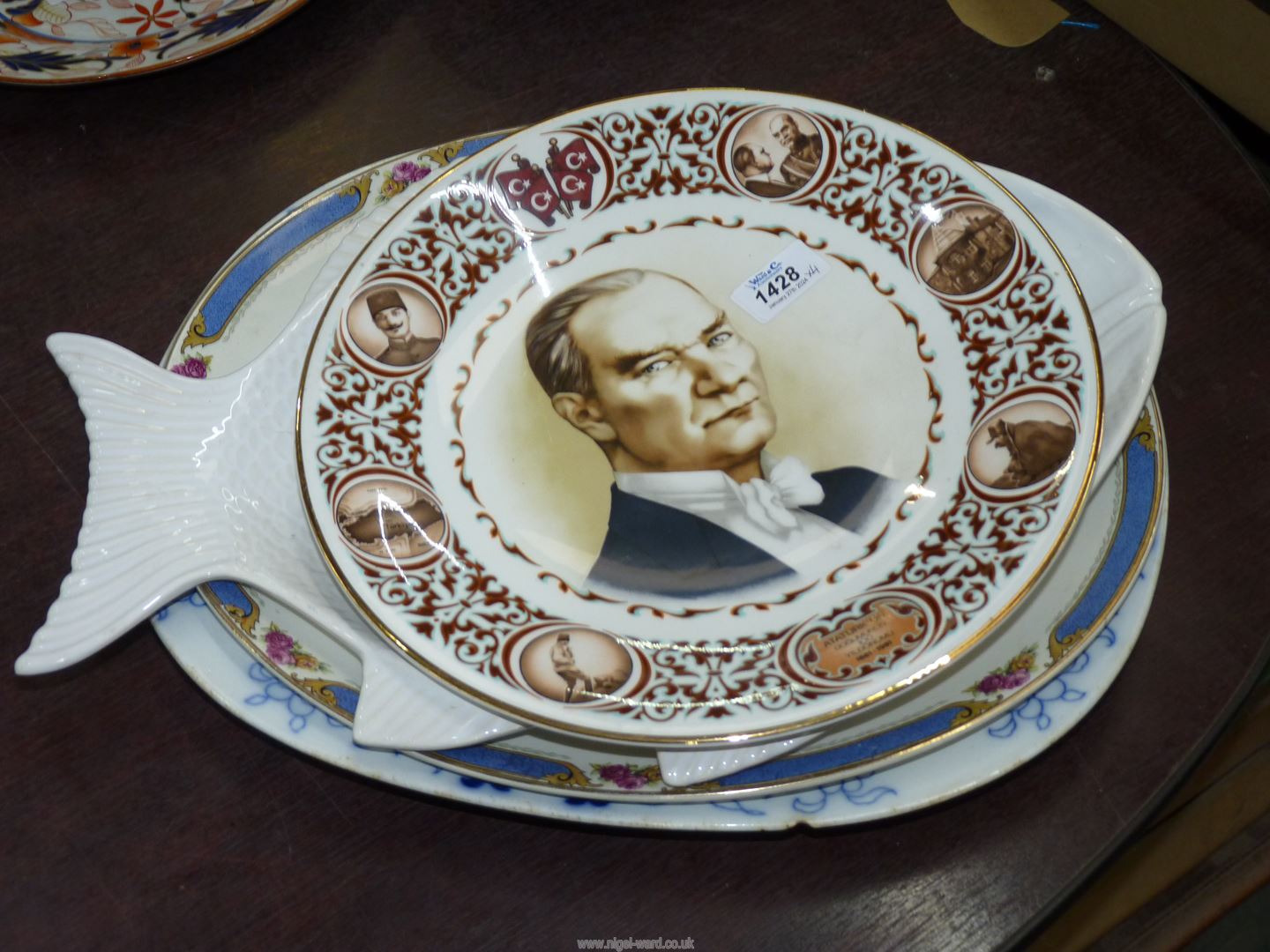 Four large plates including Minton meat plate (chipped), Hughes Langport ,