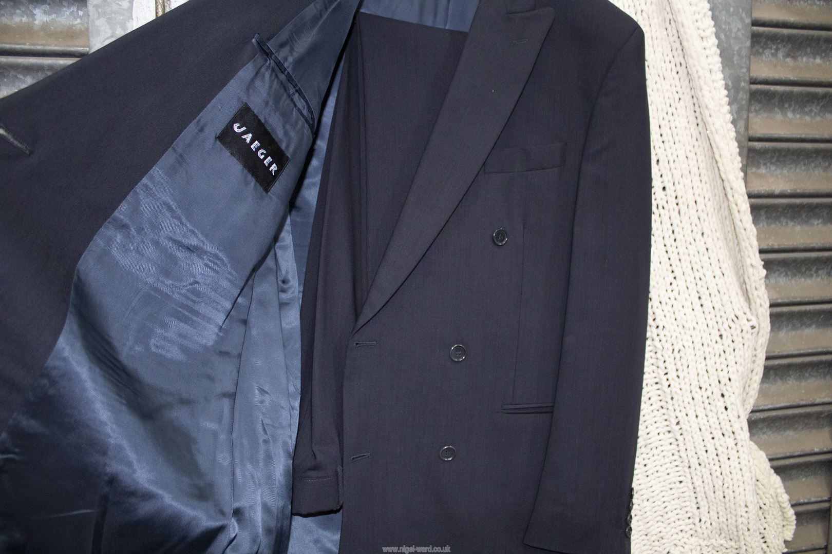 A gents navy blue Jaeger suit with double breasted jacket (size 50L) and matching trousers. - Image 2 of 2