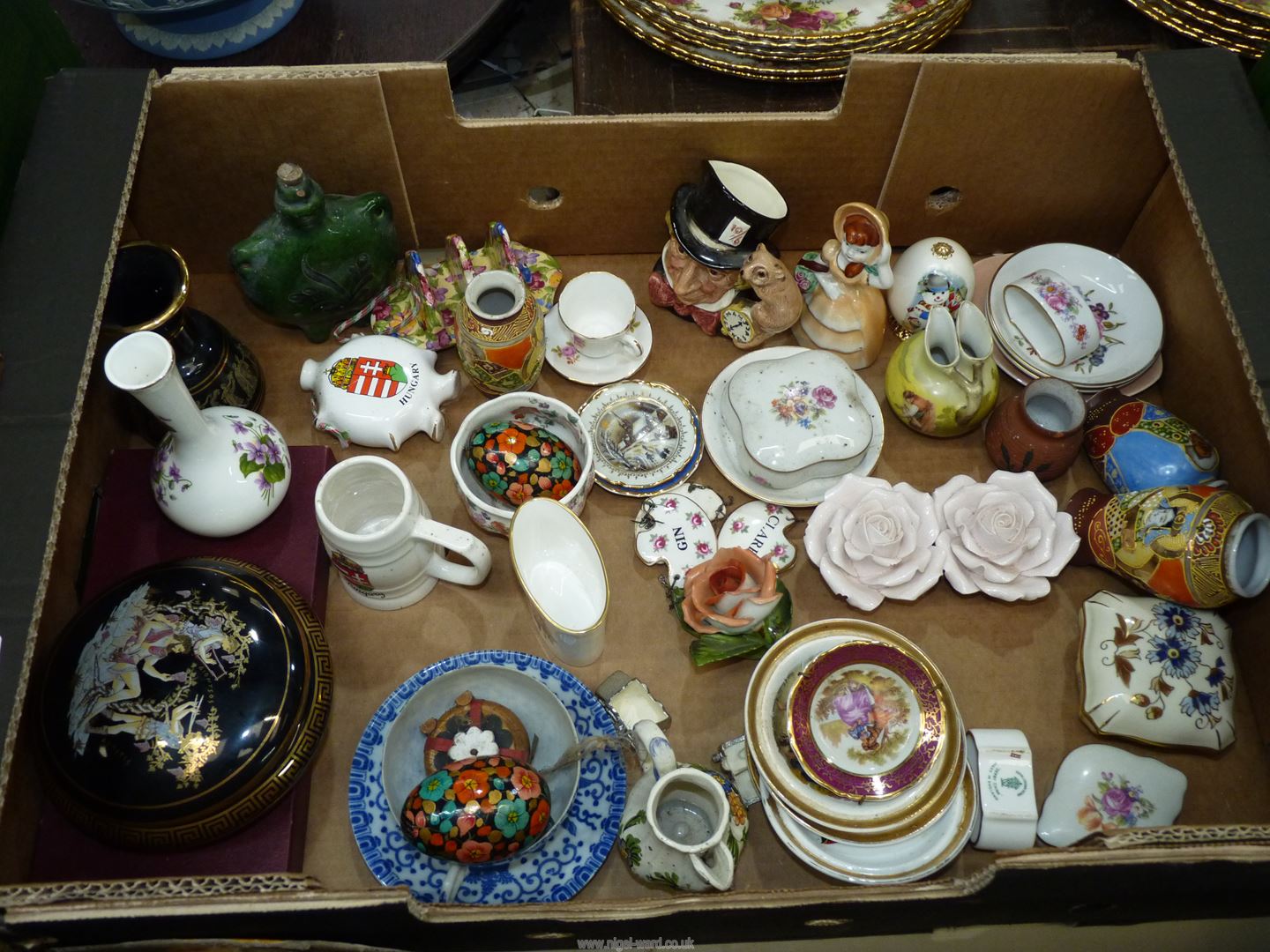 A quantity of small china items including Herend rose (chipped), Japanese cup and saucer,