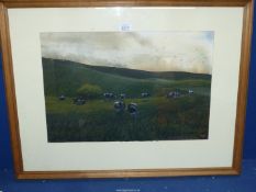 A Watercolour of Friesian cows at pasture titled 'Cattle at Sunset', signed lower right 'Moss',