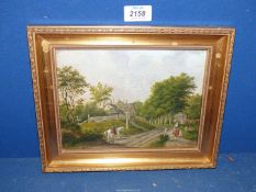 A small framed Oil on panel depicting village landscape with figure walking and a figure on
