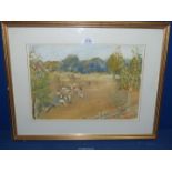 In the manner of Alfred East, Watercolour of a Gathering of sheep.