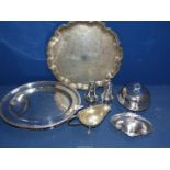 A small quantity of silver plate including Elkington serving platter, gravy boat with paw feet,