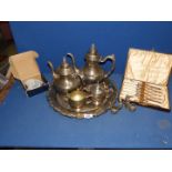 A quantity of plated items including four piece Oneida tea service, large tray,