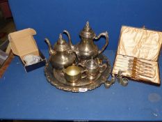 A quantity of plated items including four piece Oneida tea service, large tray,