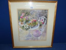 A framed and mounted Watercolour titled verso 'On The Patio', signed lower left 'Salliann Pulman',