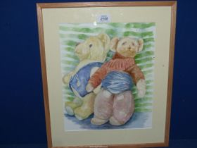 A framed and mounted Watercolour depicting Teddy bears titled verso 'Bears' by Angela Wyllie,