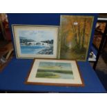 Three Prints to include; a Rowland Hilder river scene, one by Peter Scott and a woodland scene.