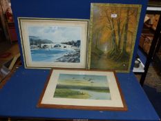Three Prints to include; a Rowland Hilder river scene, one by Peter Scott and a woodland scene.