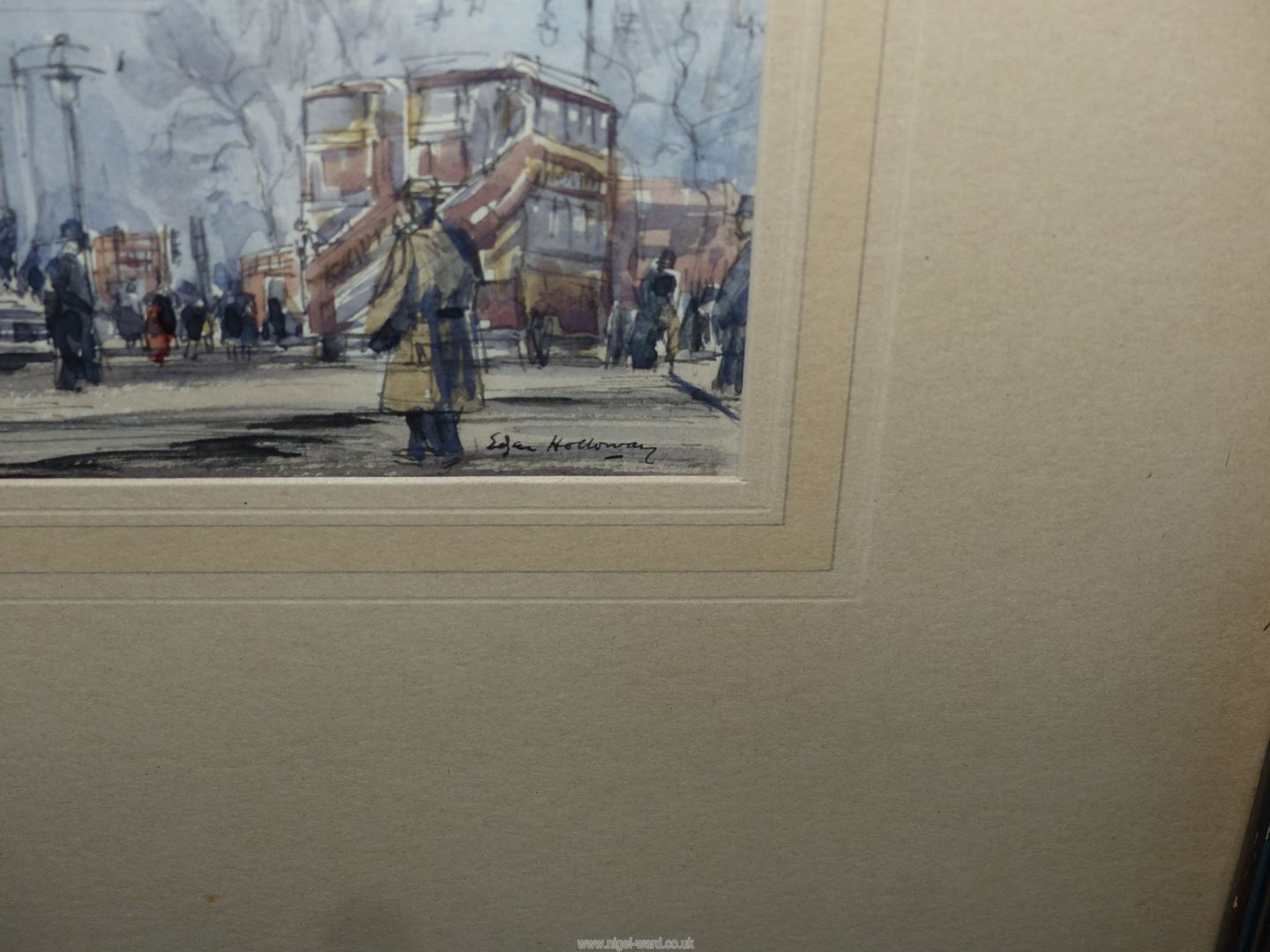 An Edgar Holloway (British 1914-2008) Watercolour of a busy street scene outside St Martin in the - Image 3 of 4