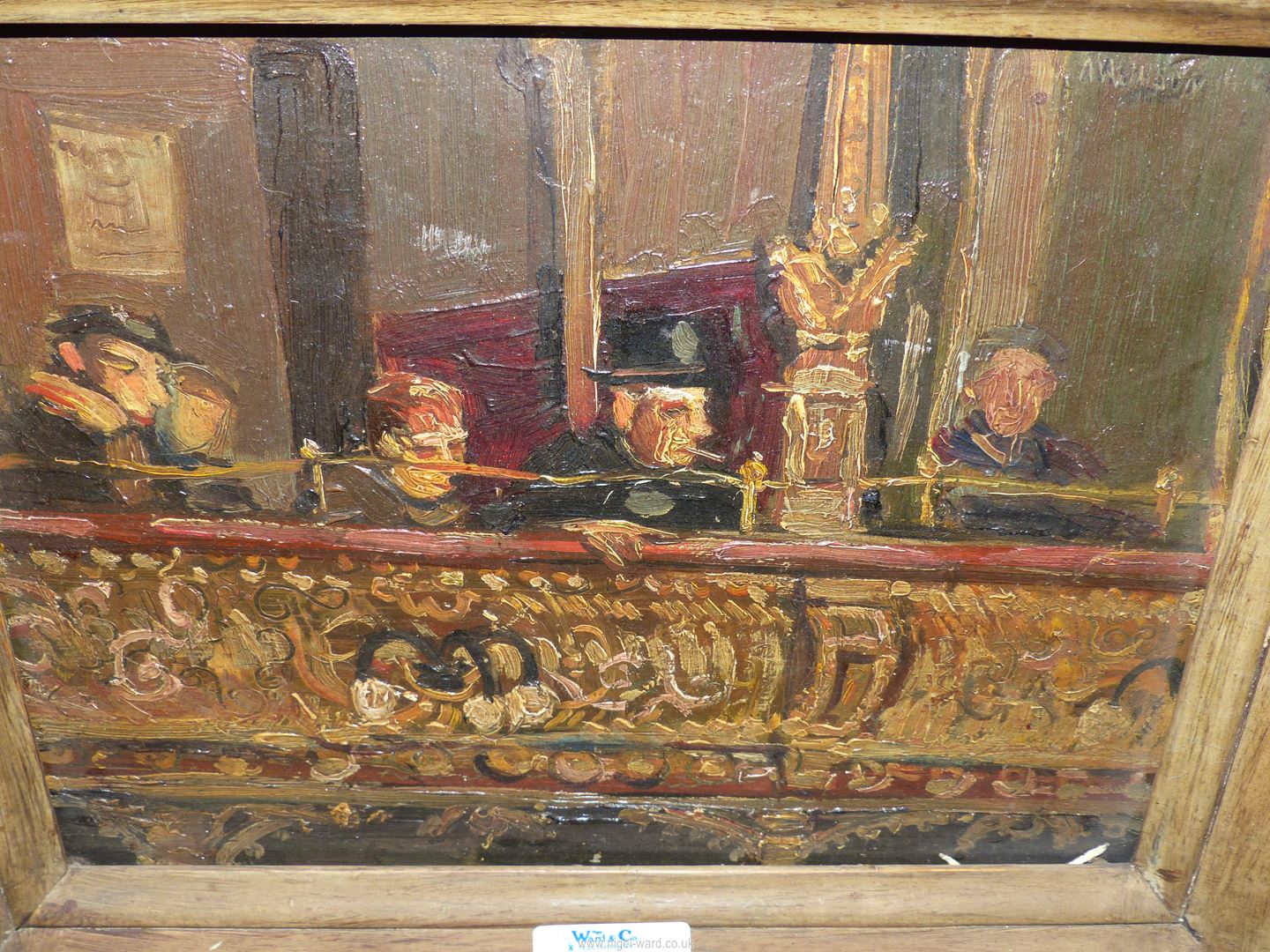 A wooden framed Oil on panel depicting a private box/balcony in a music hall with seated figures, - Image 4 of 4