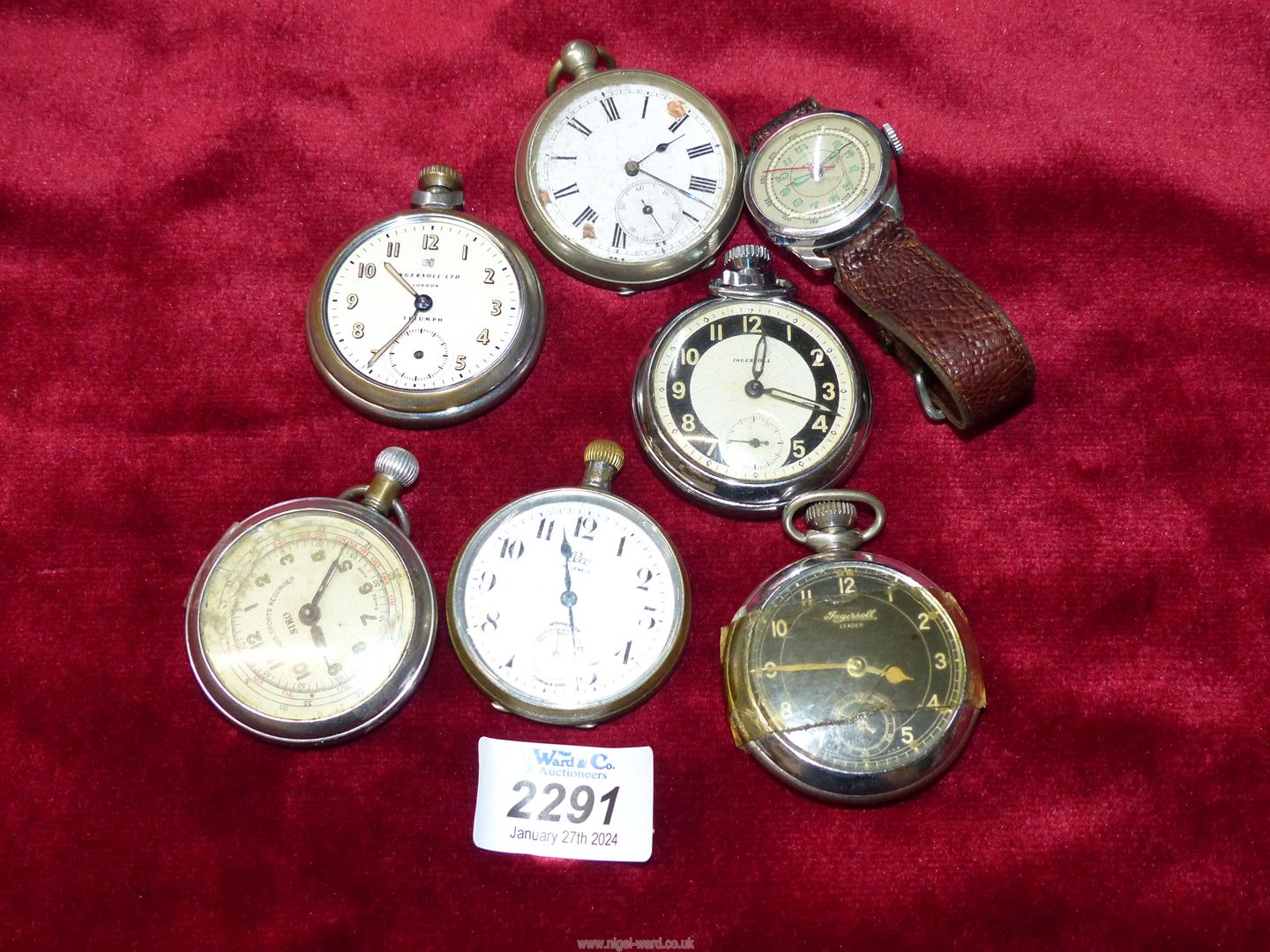 Six pocket watches and a wristwatch for spares and/or repairs.