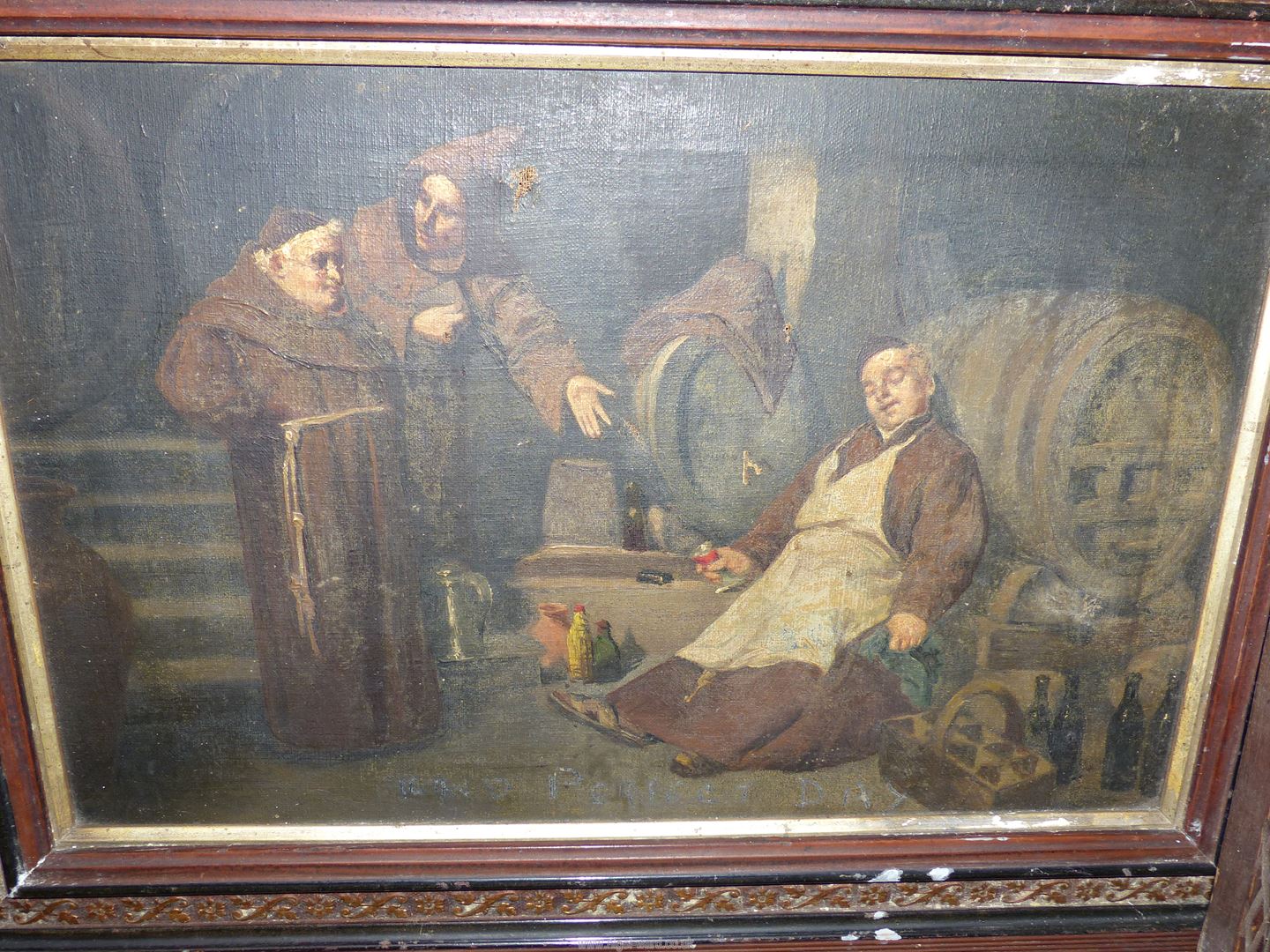 A framed Oil on canvas depicting Monks in a wine cellar with one having over indulged, - Image 2 of 5