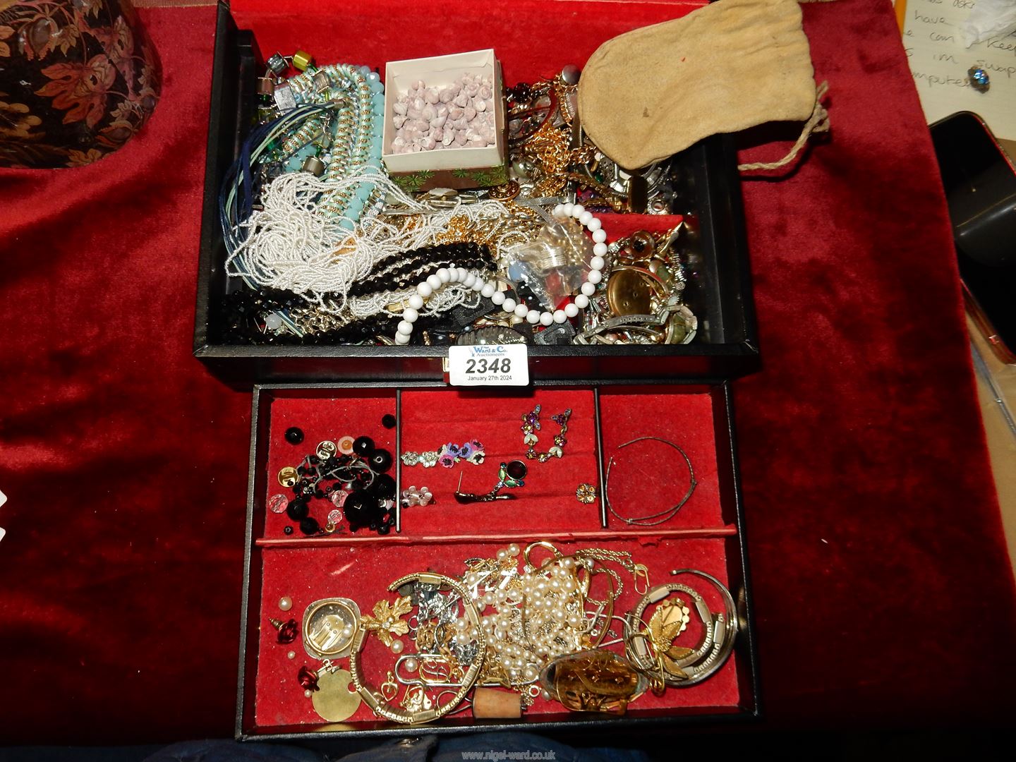 A black jewellery box and contents to include brooches, earrings, necklaces, etc. - Image 2 of 2