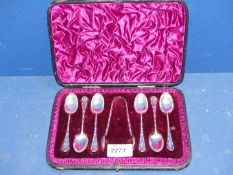 A cased set of six Silver Teaspoons and tongs, Sheffield 1890, makers Atkin Bros.