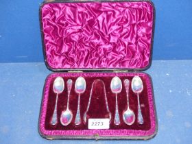 A cased set of six Silver Teaspoons and tongs, Sheffield 1890, makers Atkin Bros.