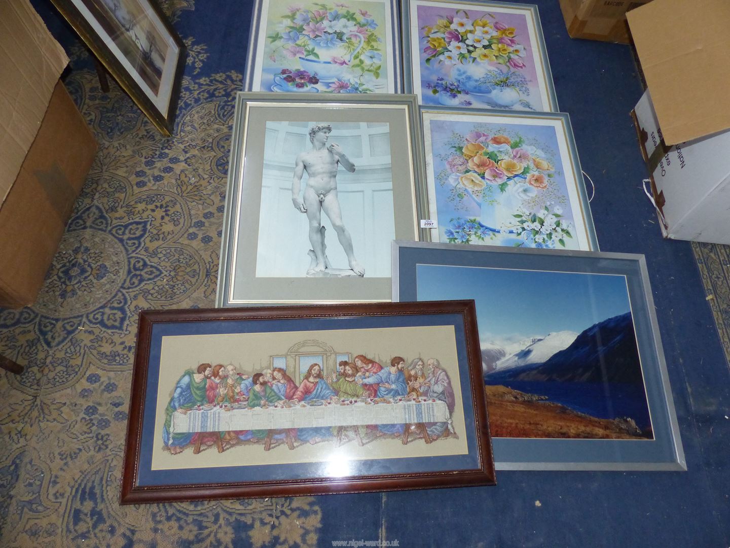 A box of Prints to include; floral by Trisha Hardwick, a mountain landscape, etc. - Image 3 of 3