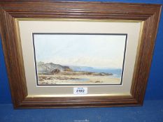 A framed 19th century Watercolour of coastal scene with sailing ship moored in an inlet, oak frame,
