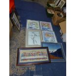 A box of Prints to include; floral by Trisha Hardwick, a mountain landscape, etc.