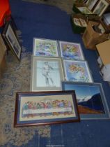A box of Prints to include; floral by Trisha Hardwick, a mountain landscape, etc.