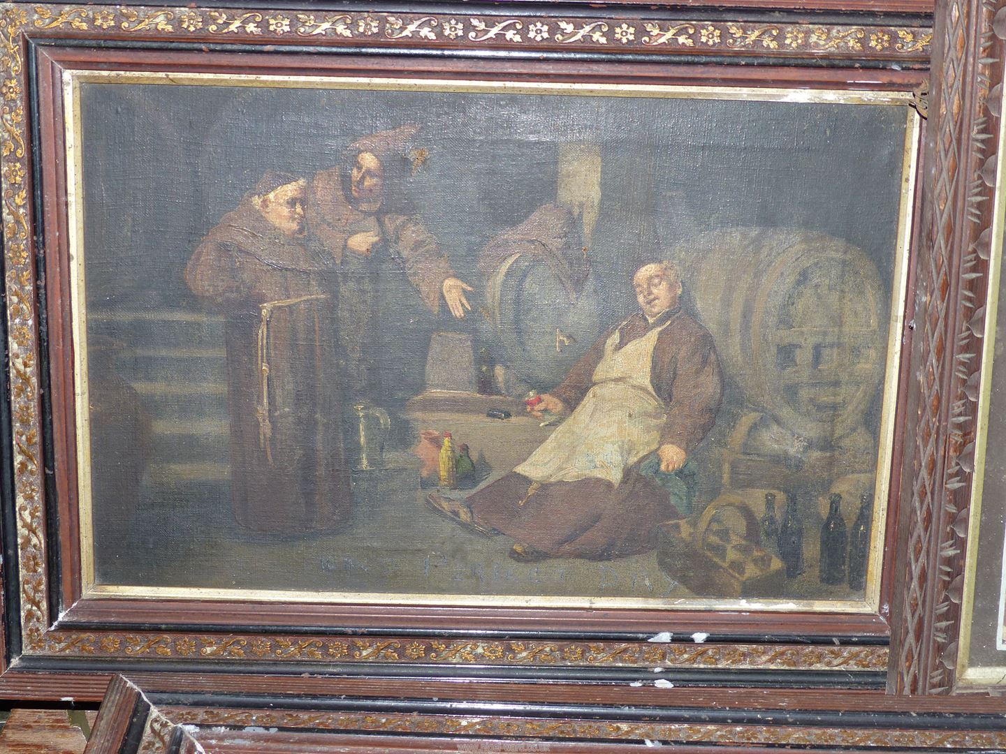 A framed Oil on canvas depicting Monks in a wine cellar with one having over indulged, - Image 3 of 5