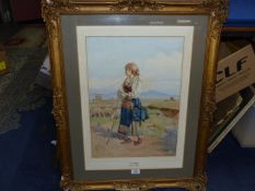 An ornately framed impressive Watercolour depicting a shepherdess and sheep titled "In Campagna" by