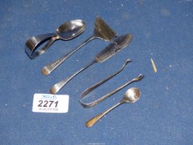 A small quantity of silver flatware including bird feet sugar tongs, Sheffield,
