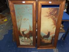 A pair of wooden framed Oil on canvas depicting stags in landscapes, initialled N.M., a/f.