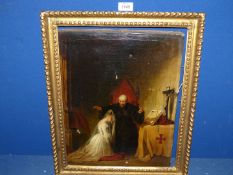 A gilt framed picture on canvas depicting The Priest Blessing, possibly a highlighted,