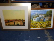 A framed Print of a French landscape with house and sunflowers growing all around,