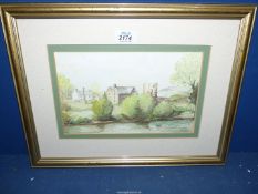 A framed and mounted Watercolour depicting a village scene with castle ruins, mill and memorial,