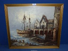 A framed Oil on canvas depicting a harbour scene with huts on the quay and fishing boats,