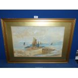 A framed and mounted (but unglazed) Watercolour of a seascape with sailing boats and rolling hills