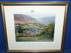 A framed and mounted Print titled "Doves Take Flight" Llanthony Abbey, signed Christine Hunt,