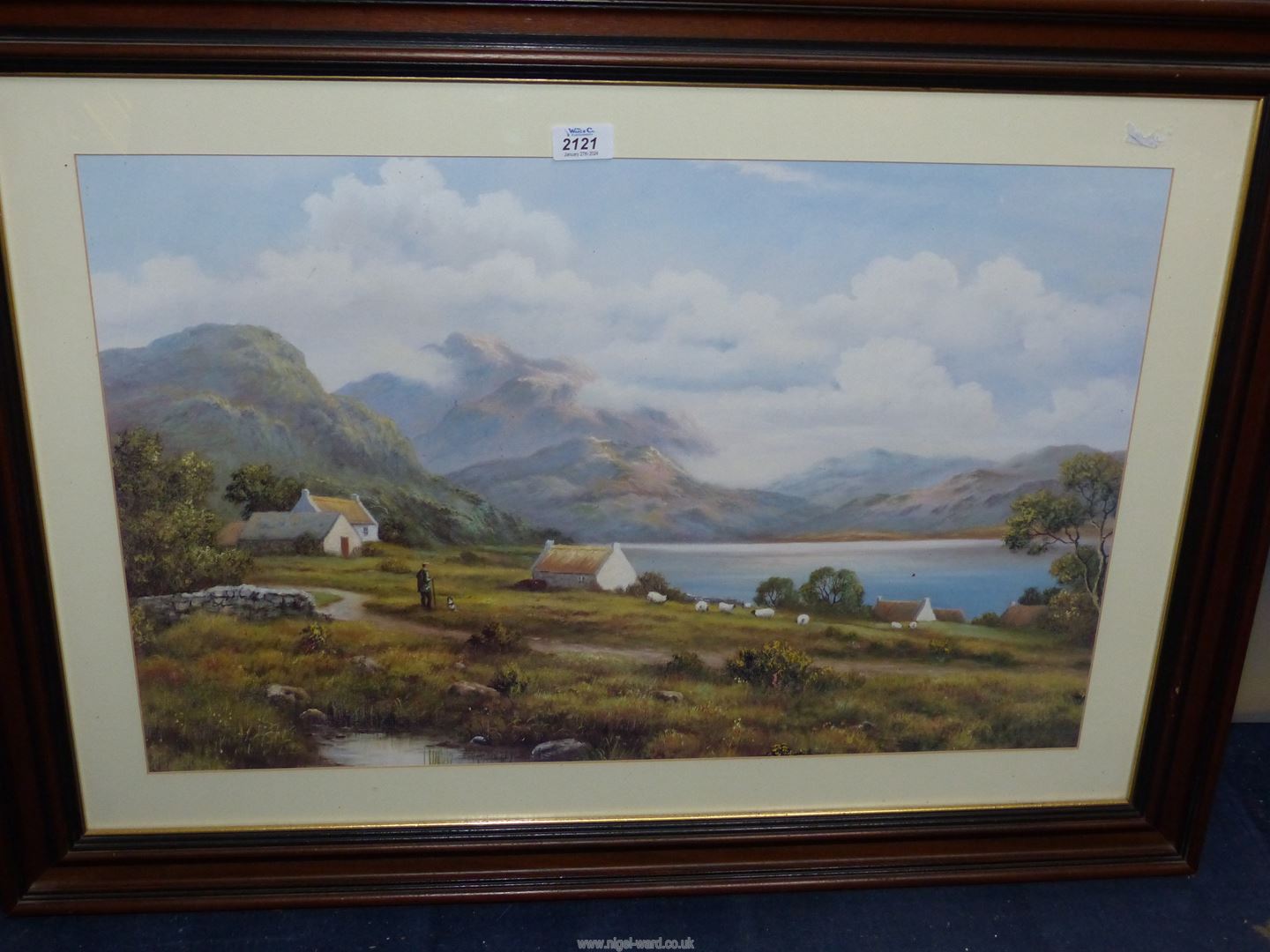 A large framed and mounted Print depicting a shepherd and his dog checking his sheep overlooking - Image 2 of 2