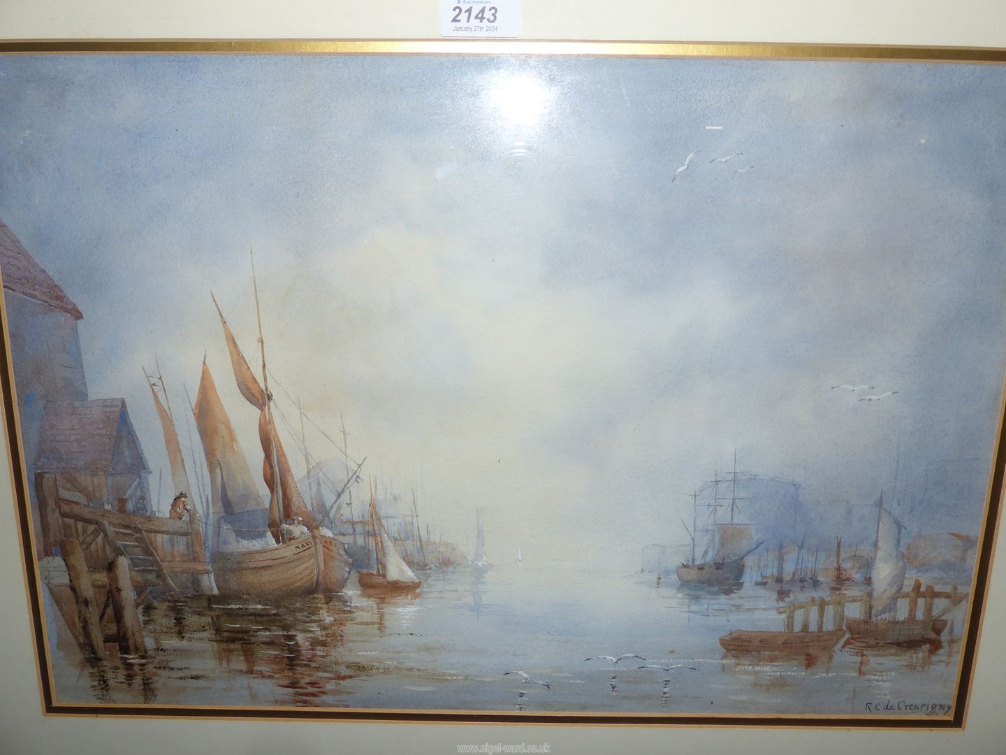 A framed and mounted well-executed Watercolour depicting a misty river scene with barges, - Image 3 of 3