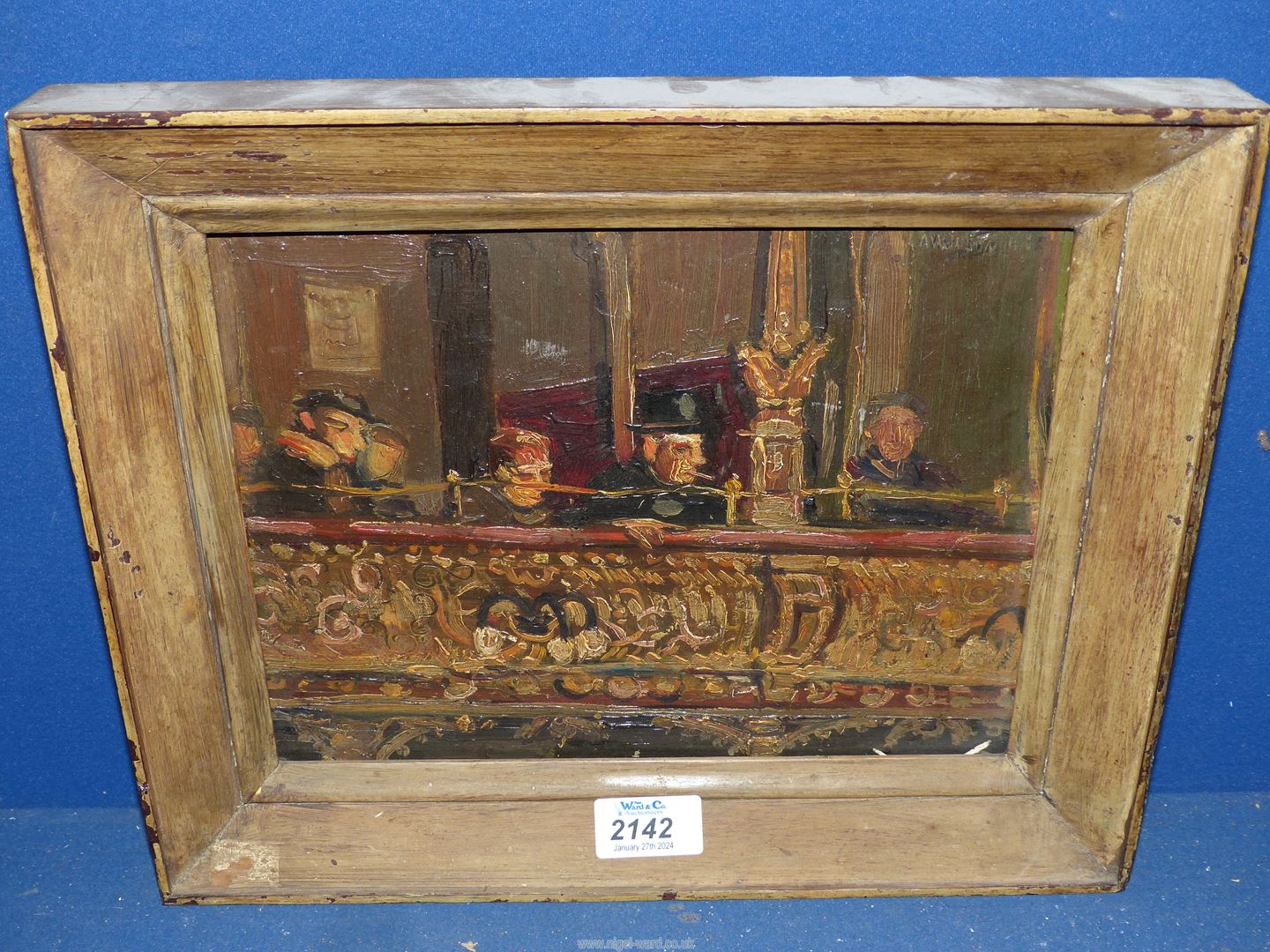 A wooden framed Oil on panel depicting a private box/balcony in a music hall with seated figures, - Image 2 of 4