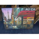 A large Print on canvas depicting a Paris cafe with the Eiffel Tower in the distance,