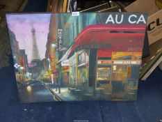 A large Print on canvas depicting a Paris cafe with the Eiffel Tower in the distance,