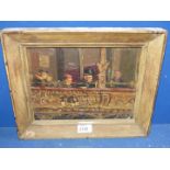 A wooden framed Oil on panel depicting a private box/balcony in a music hall with seated figures,