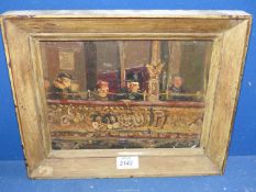 A wooden framed Oil on panel depicting a private box/balcony in a music hall with seated figures,