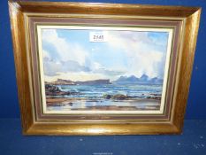 A framed atmospheric Watercolour depicting a seascape "Rhum Scotland" a written dedication to verso